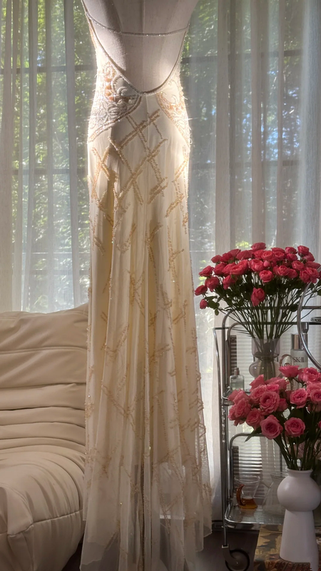 Light apricot halter neck fitted waist slim back sexy long ball gown R7764
