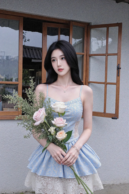 Light blue halter-neck, fitted waist, sexy short prom dress R7537