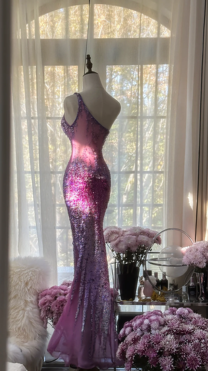 Purple One Shoulder Sequins Mermaid Long Prom Dress Vintage Party Dress, D942
