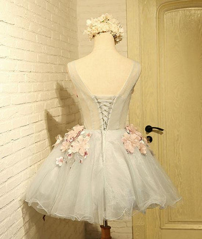 Cute round neck gray tulle lace applique short prom dresses M4872