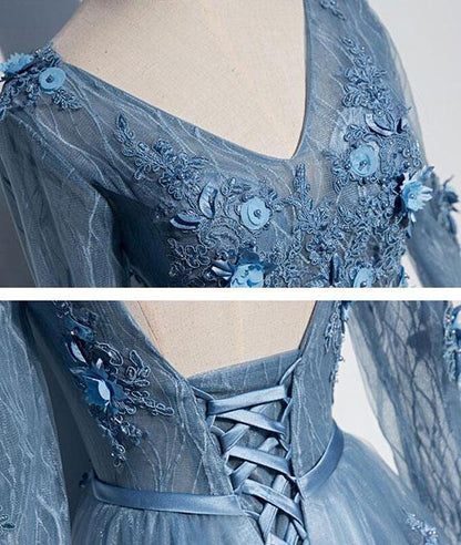 Blue v neck tulle lace long prom dress, tulle evening dress M4879