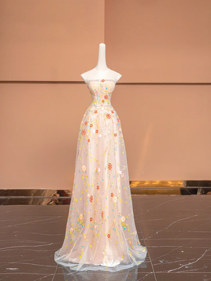 Light pink fitted floral print long ball gown, bridal dress R8493