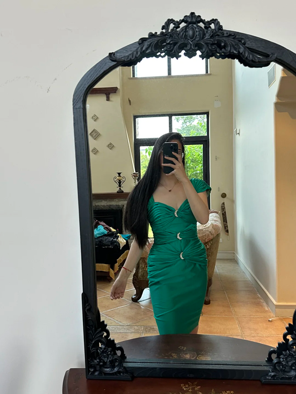 Green square neckline fitted waist slim hip sexy ball gown R8061
