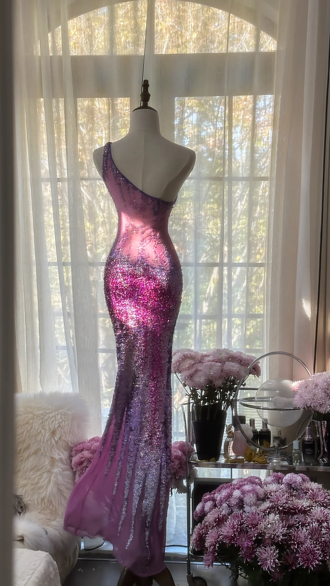 Purple One Shoulder Sequins Mermaid Long Prom Dress Vintage Party Dress, D942