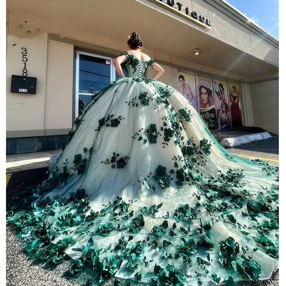 Green Quinceanera Dresses Off Shouder Beads Appliques Ball Gown Sweet 16 Dress