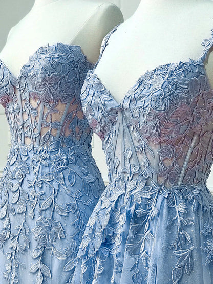 Blue Sweetheart Neck Lace Long Prom Dresses, Blue Lace Graduation Dress     fg4490