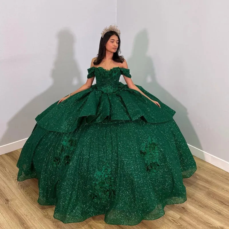 Emerald Green Shiny Handmade 3D Flowers Beading Quinceanera Dresses Ball Gown Off The Shoulder Sweet 16 Dress