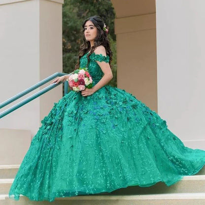 Green Sparkly Quinceanera Dresses With Cape Tassels Sweet 16 Dresses Ball Gown 3D Flowers Tulle Birthday Gowns