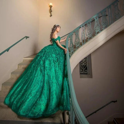 Green Sparkly Quinceanera Dresses With Cape Tassels Sweet 16 Dresses Ball Gown 3D Flowers Tulle Birthday Gowns