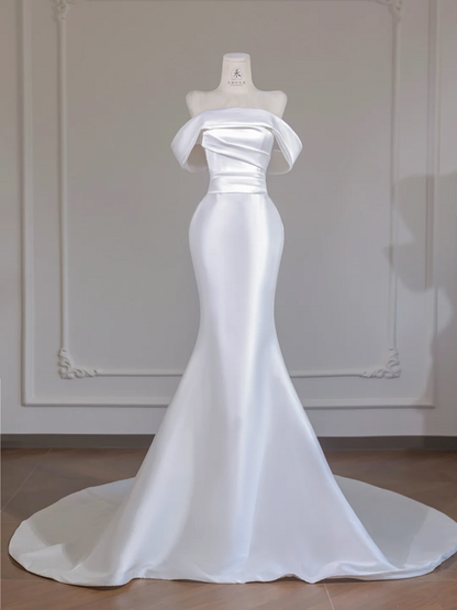 White satin off-the-shoulder fitted waist bodycon sexy long ball gown/bridal dress R8258