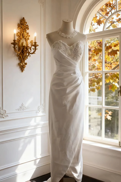 White strapless lace dress, classic fitted waist, elegant long ball gown R6738