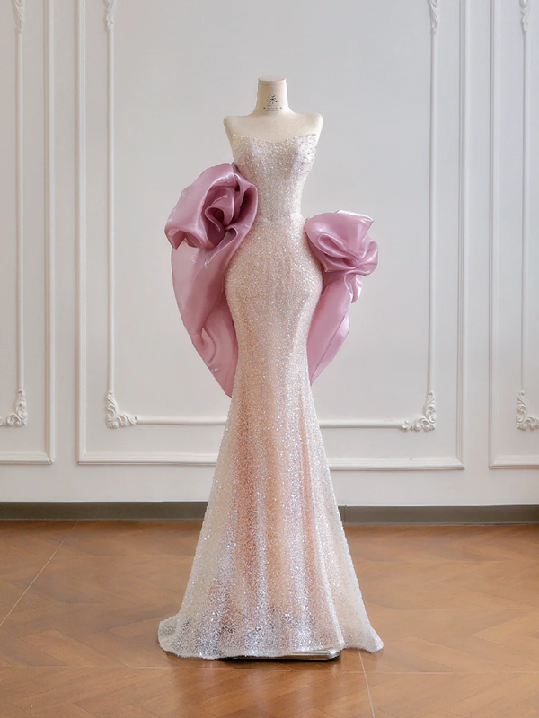 Light pink strapless, fitted waist, bodycon, sexy long ball gown R8172