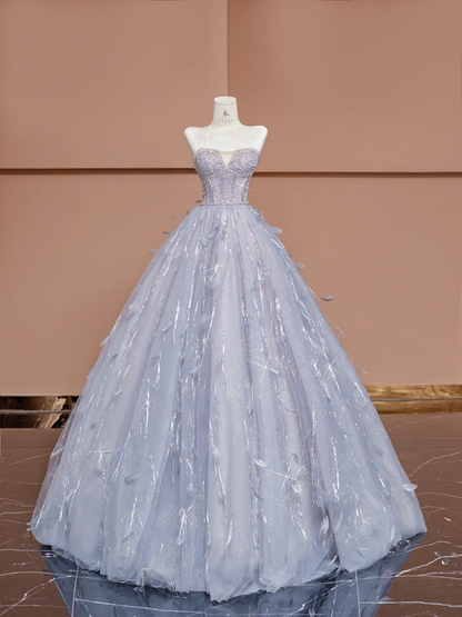 Light blue strapless, fitted waist, full skirt, long ball gown R8403