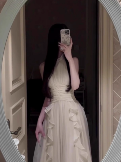 French style white sleeveless halter dress with gentle temperament, ruffled waist and slimming A-line long skirt R0433