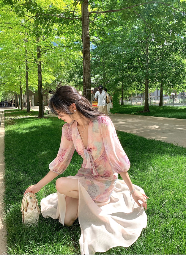 Pink chiffon printed dress for women summer new beautiful slit waist niche long skirt R4263