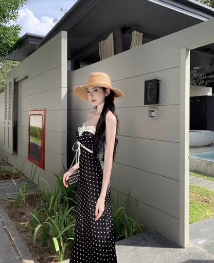 Temperament lace polka dot one-shoulder tube top dress with slim waist and hip-hugging long skirt R0581