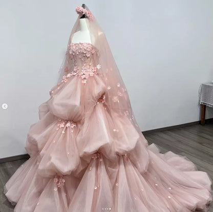 Pink Ruffle Quinceanera Dress 3D Flower Princess Sleeveless Sweet 15 Ball Gown     S7202