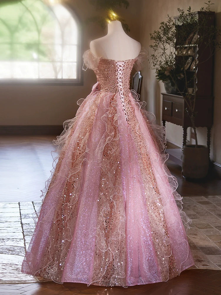 A Line Pink Elegant Evening Gowns Off Shoulder Long Prom Dress     S7209