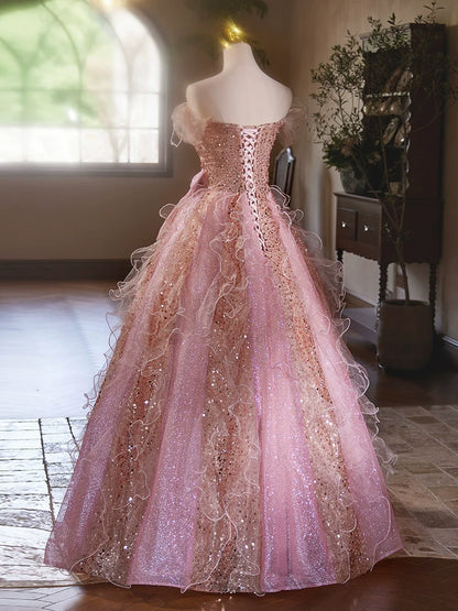 A Line Pink Elegant Evening Gowns Off Shoulder Long Prom Dress     S7209