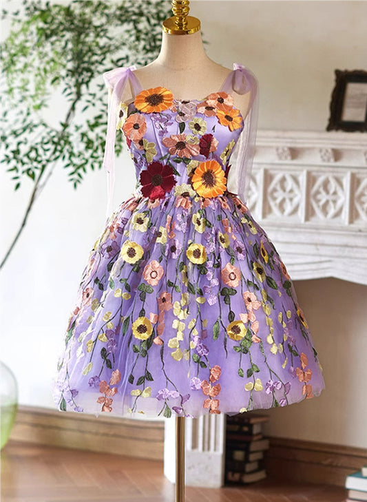 Cute Light Purple Lace Flowers Short Homecoming Dress, Purple Short Party Dress