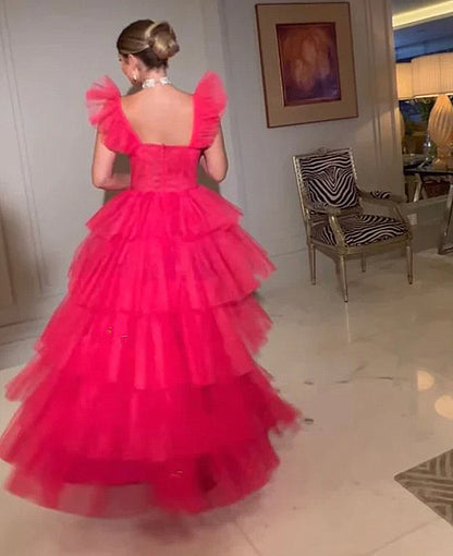 Pink Tulle Straps Layers Long Party Dress, Pink Tulle Prom Dress Evening Dress