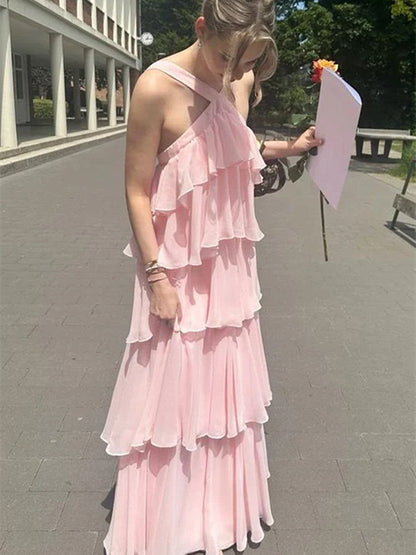 Pink Chiffon Backless A-line Layers Prom Dress, Pink Chiffon Party Dress Evening Dress