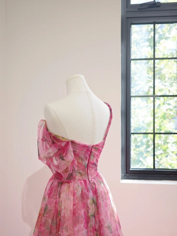 Pink floral print, fitted waist, full skirt, long ball gown, bridal dress R8464
