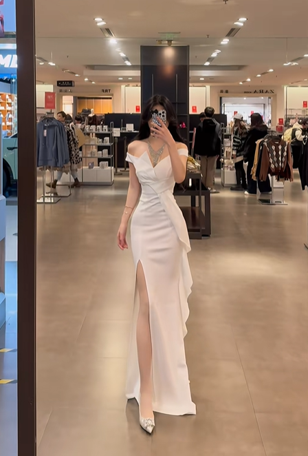 White off-the-shoulder waist-cinching slim-fit bodycon sexy slit-hem prom dress R7925