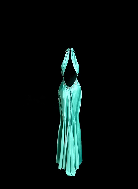 Lake blue halter neck backless sexy fitted waist long ball gown R6619