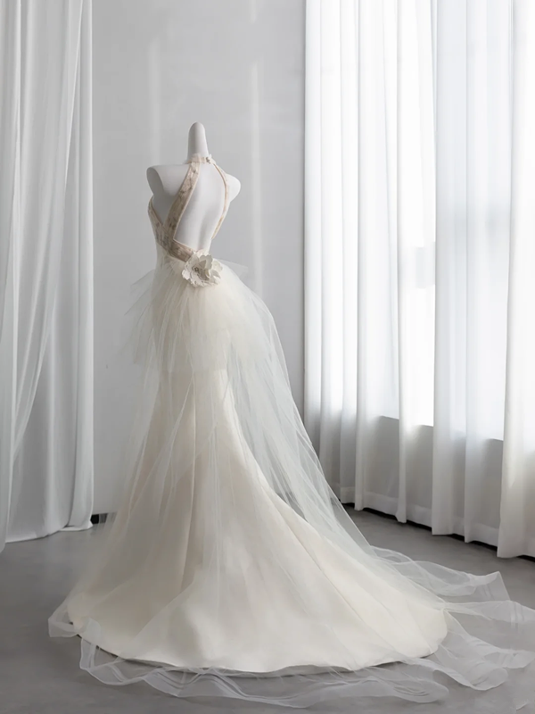 Off-white halter neck fitted waist slim fishtail long ball gown R8434