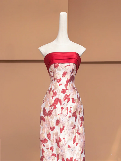 Red strapless floral print fitted long ball gown/bridal dress R8494