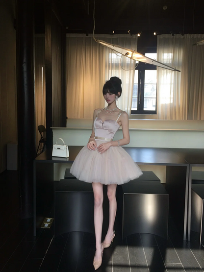 Pink suspender waist slim fit fluffy cake tulle skirt short skirt homecoming dress R5086