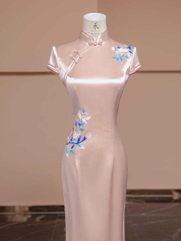 Light pink satin fitted Chinese retro ball gown, bridal dress R8289