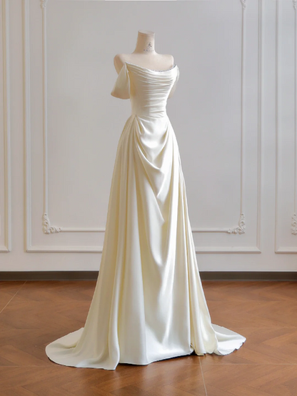 Light apricot off-the-shoulder, fitted waist, A-line skirt, long ball gown R8173