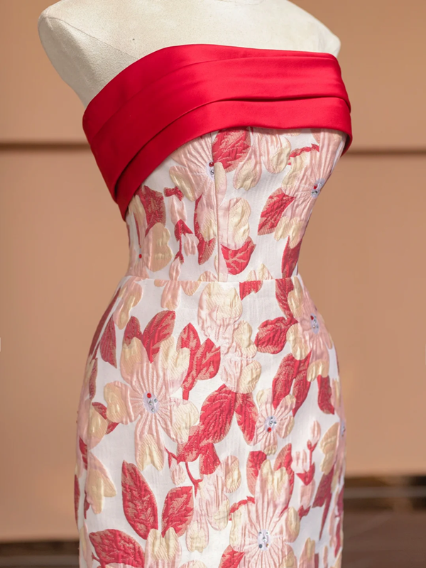 Red strapless floral print fitted long ball gown/bridal dress R8494