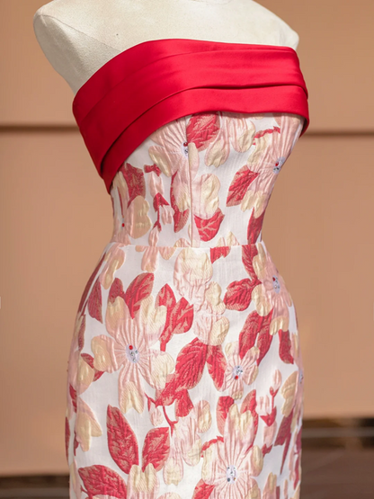 Red strapless floral print fitted long ball gown/bridal dress R8494