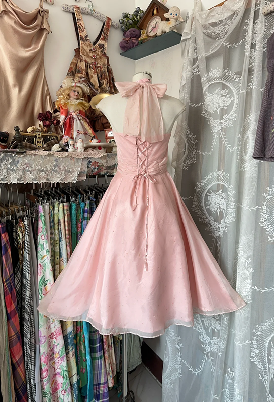 Pink halter-neck, fitted A-line mini skirt, prom dress R6259