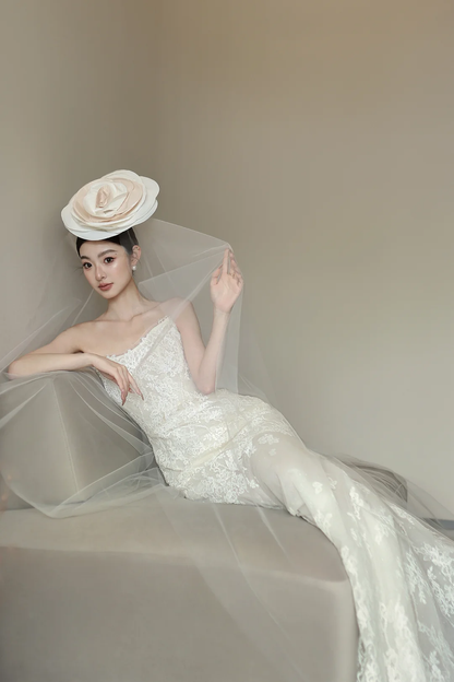 White tube top lace waist slim fit temperament fishtail sexy long dress bridal gown R6060
