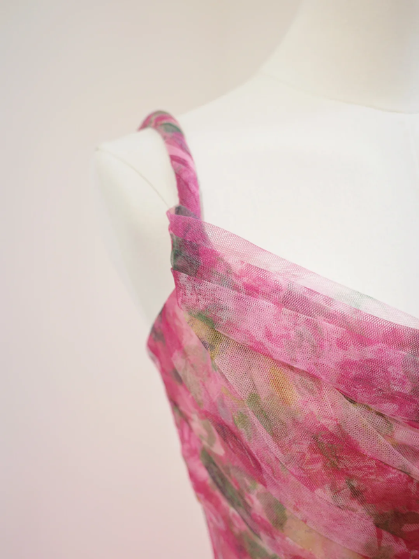 Pink floral print, fitted waist, full skirt, long ball gown, bridal dress R8464