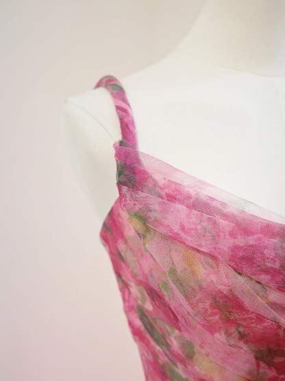 Pink floral print, fitted waist, full skirt, long ball gown, bridal dress R8464