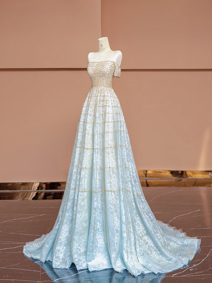 Light blue gradient strapless fitted long ball gown R8404
