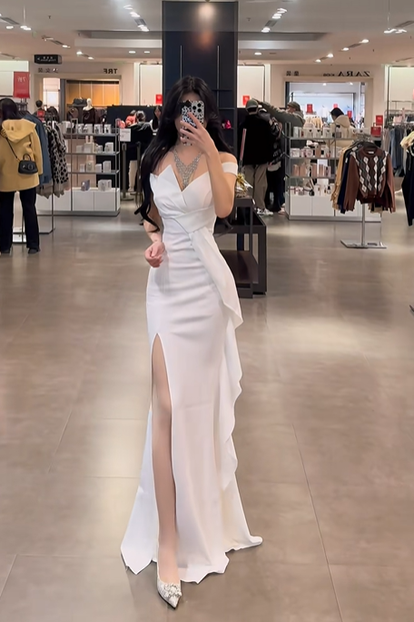 White off-the-shoulder waist-cinching slim-fit bodycon sexy slit-hem prom dress R7925