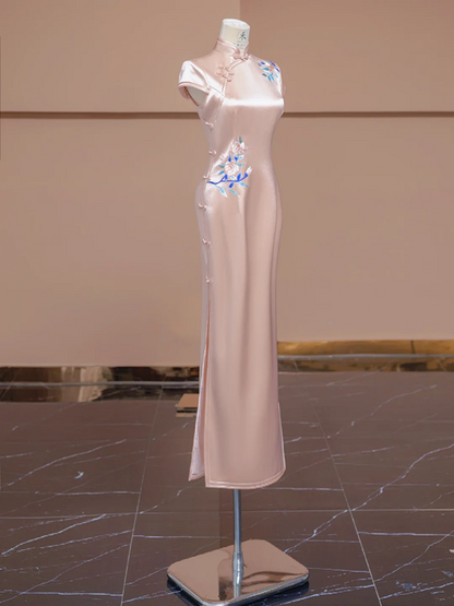 Light pink satin fitted Chinese retro ball gown, bridal dress R8289