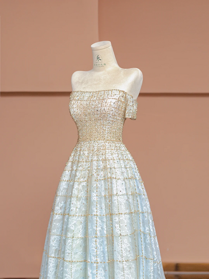 Light blue gradient strapless fitted long ball gown R8404