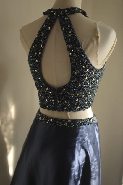 Navy blue halter neck beaded sexy top and long skirt set for a prom dress R6699