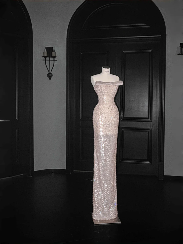 Pink sequined tube top sexy long skirt with waist, prom dress R5664