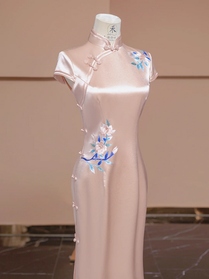 Light pink satin fitted Chinese retro ball gown, bridal dress R8289