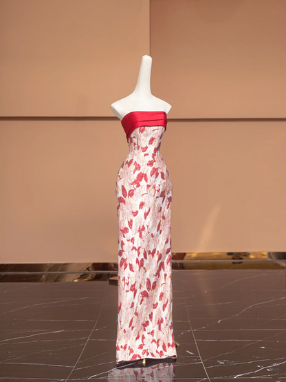 Red strapless floral print fitted long ball gown/bridal dress R8494
