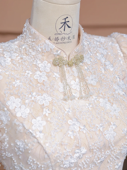 Light nude pink fitted long ball gown, bridal dress R8317