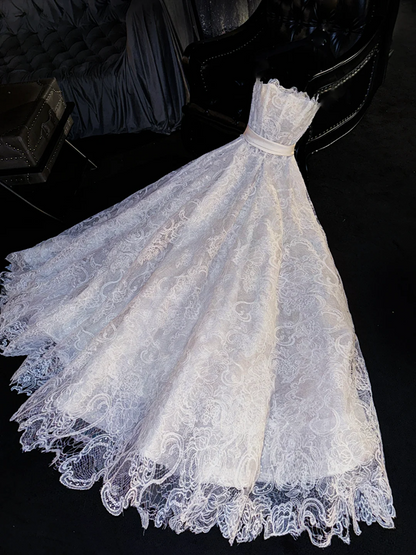 White lace strapless dress with a fitted waist and A-line skirt, long ball gown/bridal dress R8745